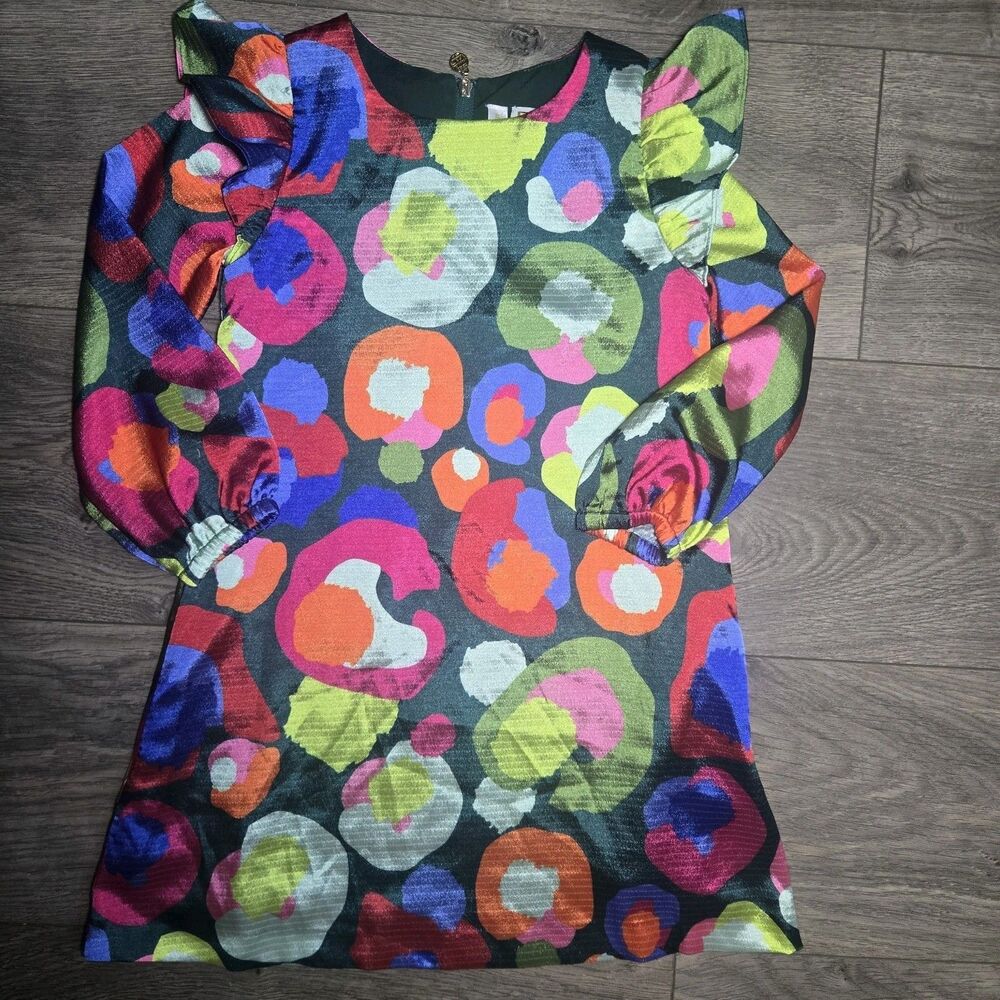 Emily McCarthy Girls 2/3 Dress Bold Abstract Spot Metallic Ruffle Long Sleeve 2T